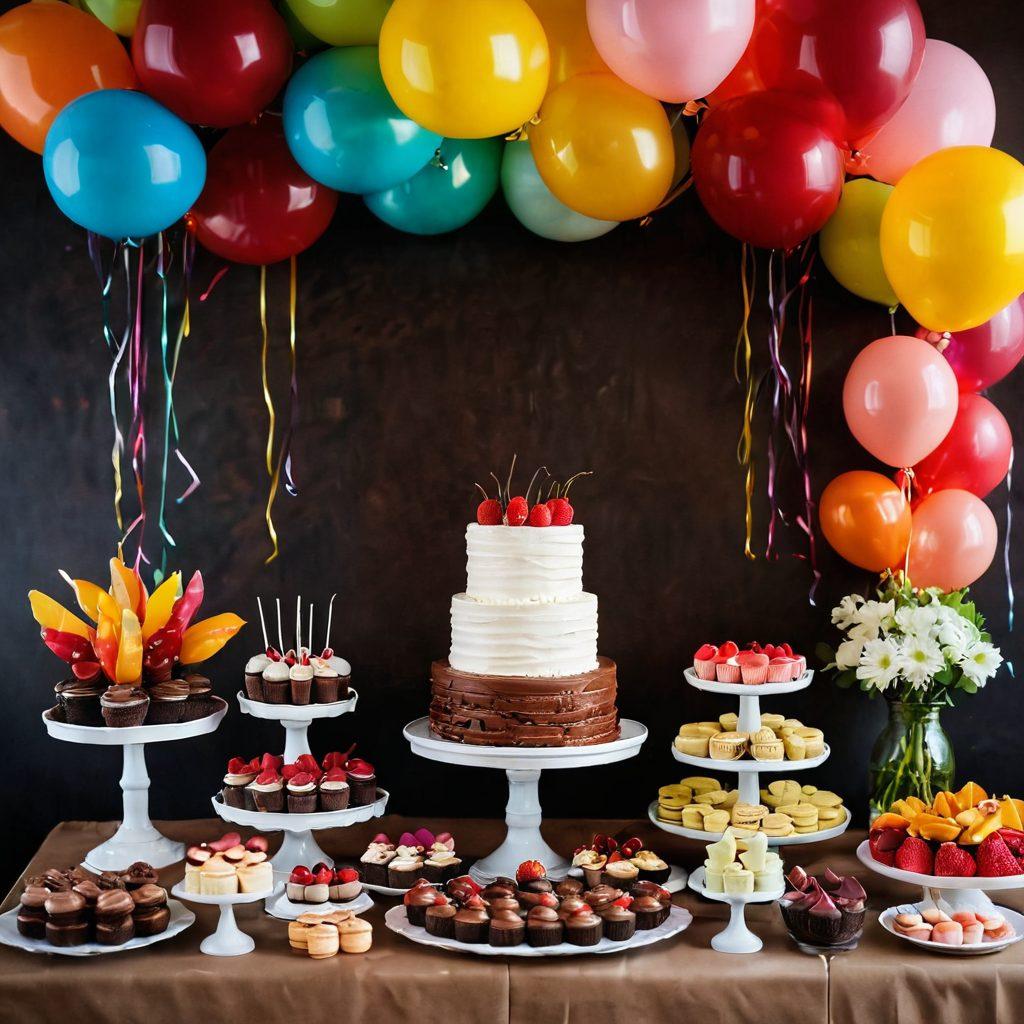 A beautifully arranged dessert table filled with an array of colorful party desserts, including rich chocolate cakes, delicate macarons, and vibrant fruit tarts. Soft, warm lighting enhances the enticing display, while elegantly decorated plates and a festive backdrop of balloons and streamers create an inviting atmosphere. Mouth-watering details and a sense of indulgence should be prominent, making the viewer crave these delectable treats. painterly style. warm colors. soft focus.