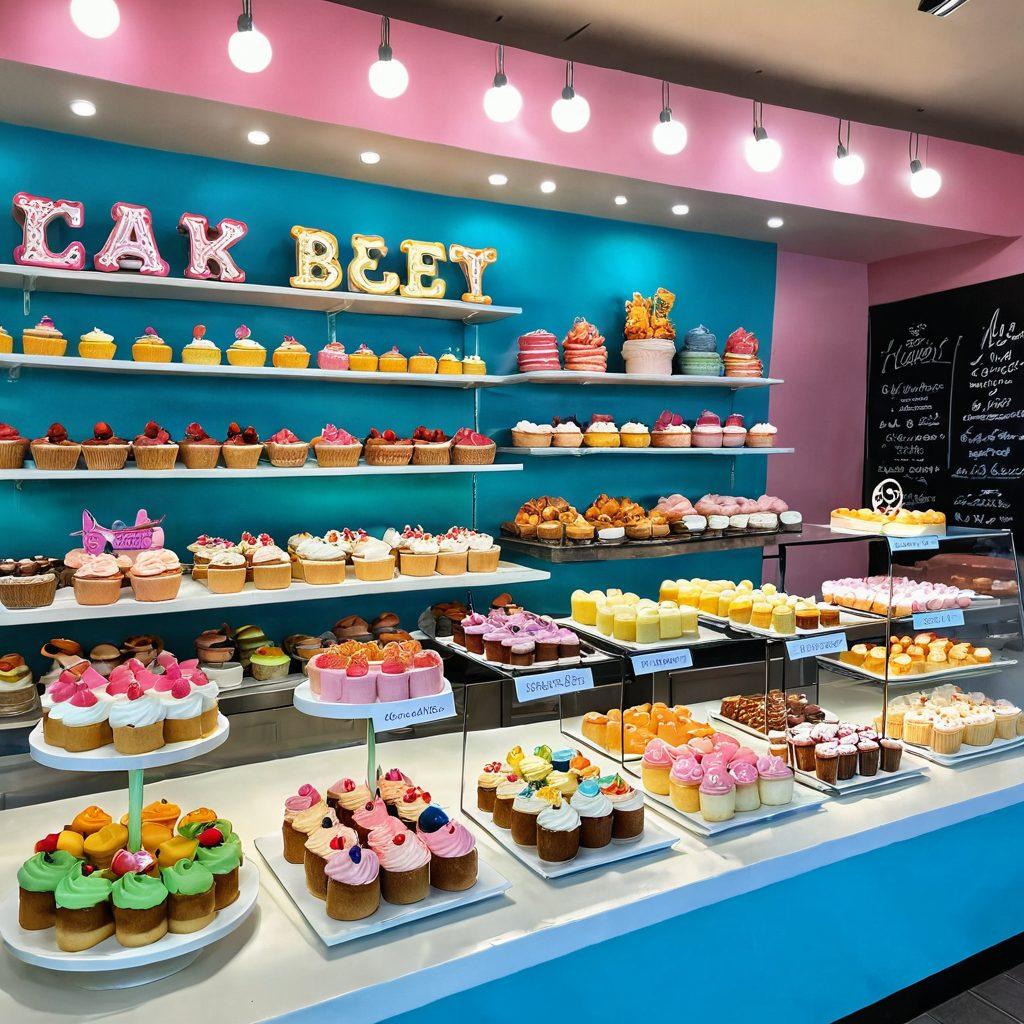 A whimsical bakery display featuring an array of gourmet booty cakes, each uniquely decorated with colorful frosting and edible accessories, surrounded by an assortment of vibrant and imaginative sweets. The setting is bright and inviting, with playful decorations and fun signage that reflects a trendy atmosphere. Soft lighting enhances the appealing textures and colors of the cakes and sweets. A pastel color palette adds to the charm of the scene. vibrant colors. super-realistic.