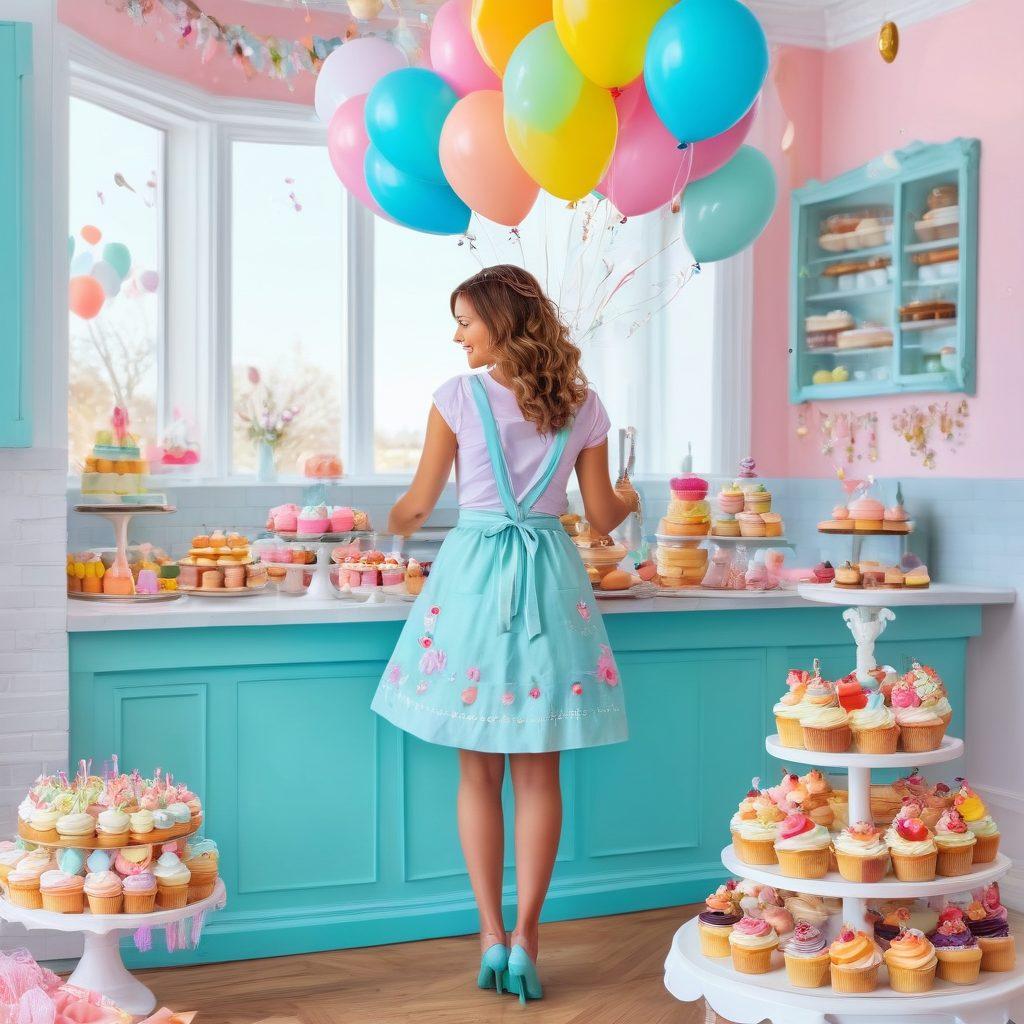A whimsical bakery scene with an array of beautifully designed booty cakes, showcasing intricate icing details and vibrant colors. Surrounding the cakes, there's a joyful celebration atmosphere with balloons, confetti, and custom desserts like cupcakes and macarons. A cheerful baker in a colorful apron presents a cake with delight. The setting is bright and inviting with a pastel color palette. vector art. vibrant colors. festive atmosphere.